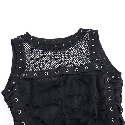 Y2k Hole Vest Women Streetwear Gothic O-neck Mesh Patchwork See Through Crop Tank Tops Black / S Black / L Black / M Black / S-Black / L-Black / M-Black / XL-
