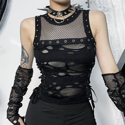 Y2k Hole Vest Women Streetwear Gothic O-neck Mesh Patchwork See Through Crop Tank Tops Black / S Black / L Black / M Black / S-Black / L-Black / M-Black / XL-