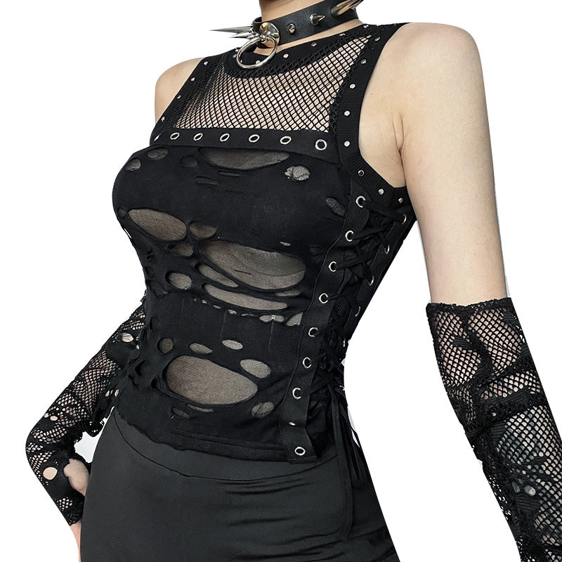 Y2k Hole Vest Women Streetwear Gothic O-neck Mesh Patchwork See Through Crop Tank Tops Black / S Black / L Black / M Black / S-Black / L-Black / M-Black / XL-