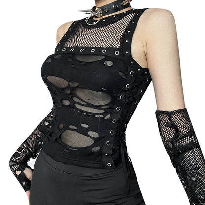 Y2k Hole Vest Women Streetwear Gothic O-neck Mesh Patchwork See Through Crop Tank Tops Black / S Black / L Black / M Black / S-Black / L-Black / M-Black / XL-