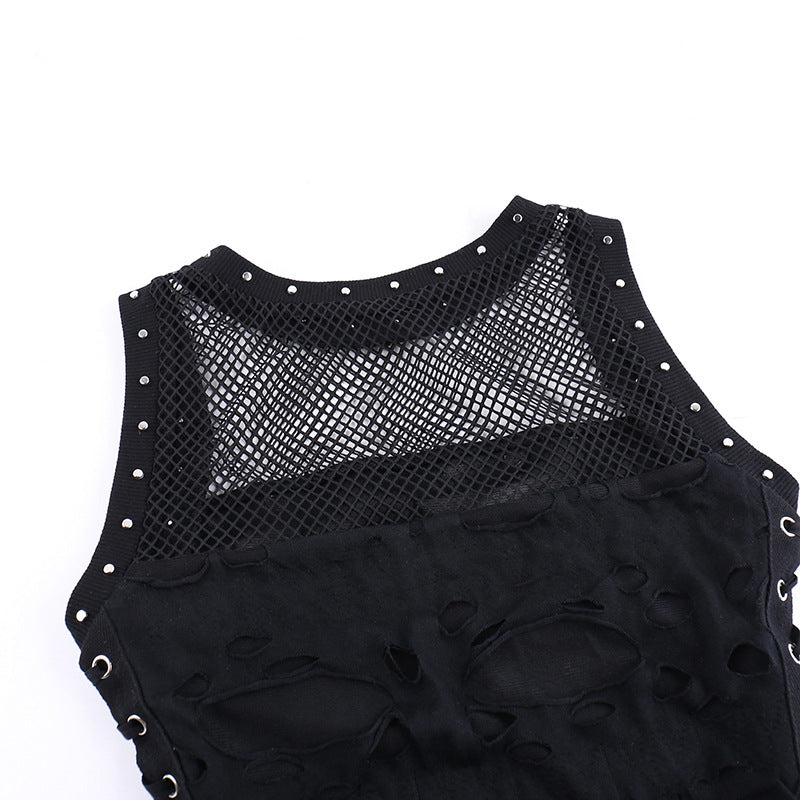 Y2k Hole Vest Women Streetwear Gothic O-neck Mesh Patchwork See Through Crop Tank Tops Black / S Black / L Black / M Black / S-Black / L-Black / M-Black / XL-