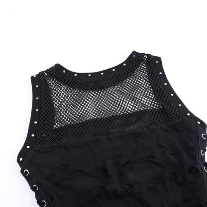 Y2k Hole Vest Women Streetwear Gothic O-neck Mesh Patchwork See Through Crop Tank Tops Black / S Black / L Black / M Black / S-Black / L-Black / M-Black / XL-