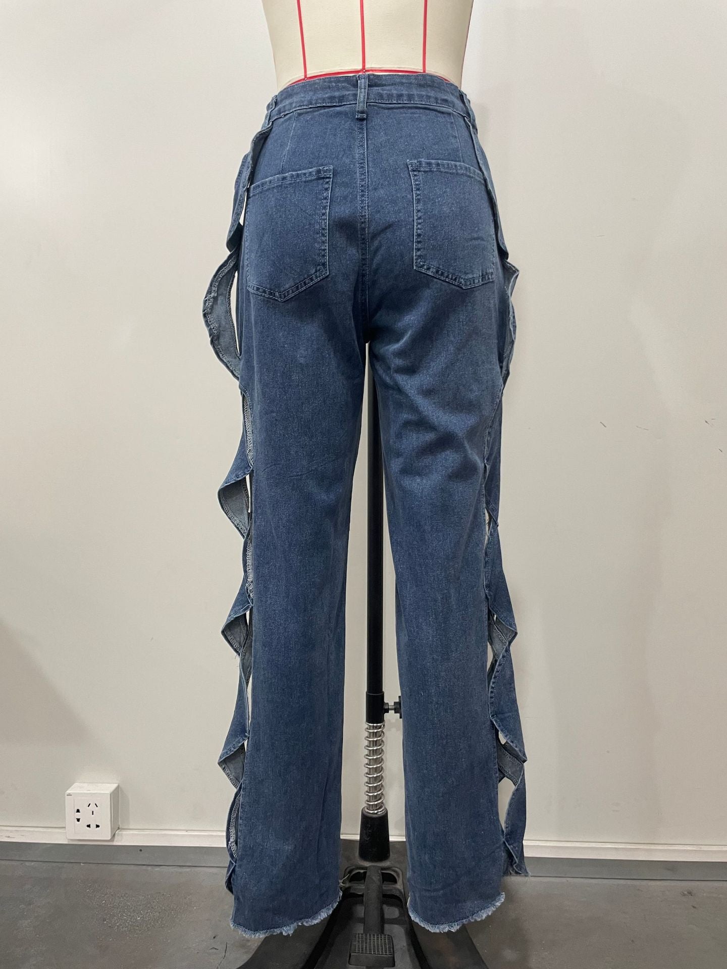 Women Streetwear Cutout Hollow Out Criss Cross Side Wide Leg  Blue Denim Pants