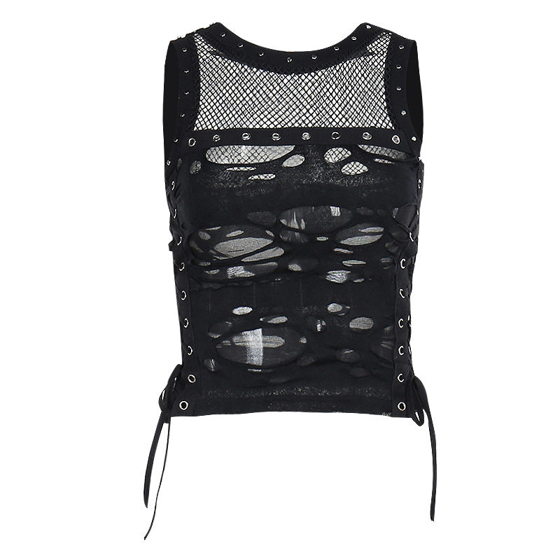 Y2k Hole Vest Women Streetwear Gothic O-neck Mesh Patchwork See Through Crop Tank Tops Black / S Black / L Black / M Black / S-Black / L-Black / M-Black / XL-