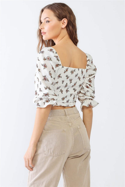 PAPERMOON Floral Ruffled Smocked Crop Top - Fashionqueene.com-PAPERMOON Floral Ruffled Smocked Crop Top