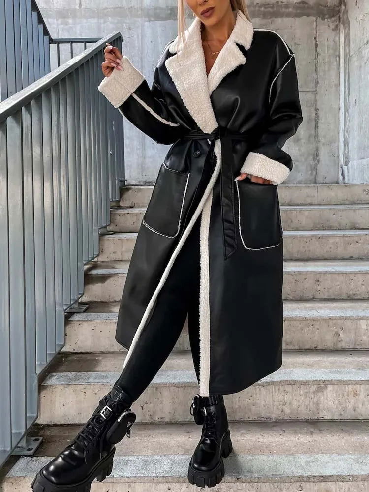 PU Faux Leather Coat Women - Fashionqueene.com-2022 Winter PU Faux Leather Coat Women Long Leather Jacket Black Thick Warm Coats for Women