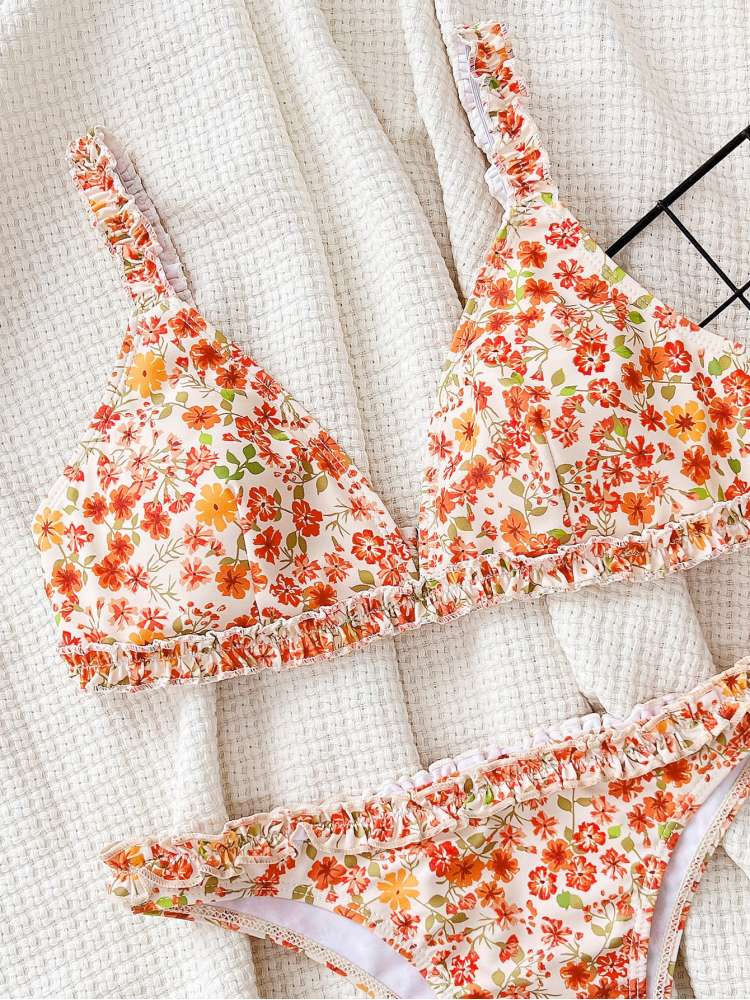 Chic and Stylish Women's Floral Print Bikini Set Orange / S Orange / M Orange / L Orange / S-Orange / M-Orange / L-