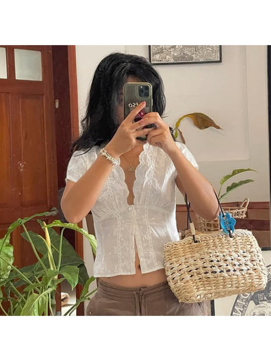 Chic Vintage Floral Printed Blouse for Effortless Style and Comfort White / S White / M White / L White / S-White / M-White / L-