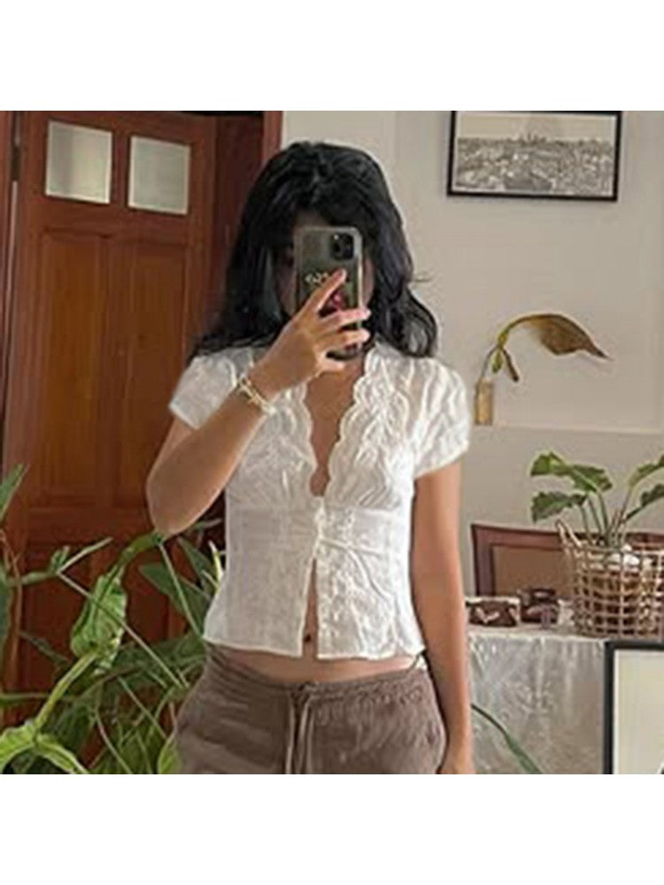 Chic Vintage Floral Printed Blouse for Effortless Style and Comfort White / S White / M White / L White / S-White / M-White / L-