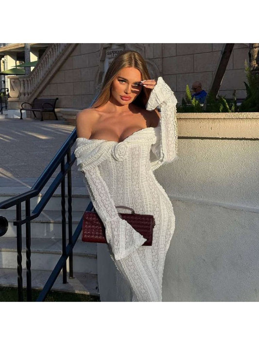 Elegant 3D Floral Long Sleeve Dress for Stylish Occasions White / S White / M White / L White / S-White / M-White / L-
