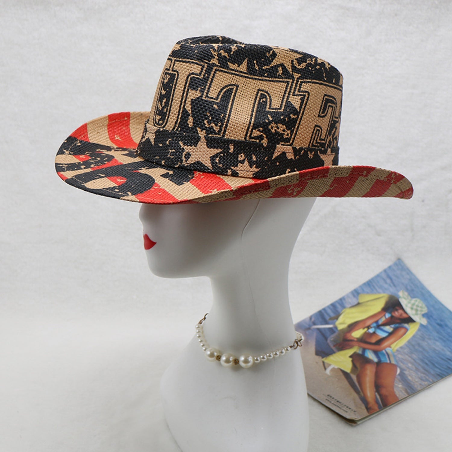 Printed Paper Cloth Wide Brim Hat - Fashionqueene.com-Hat