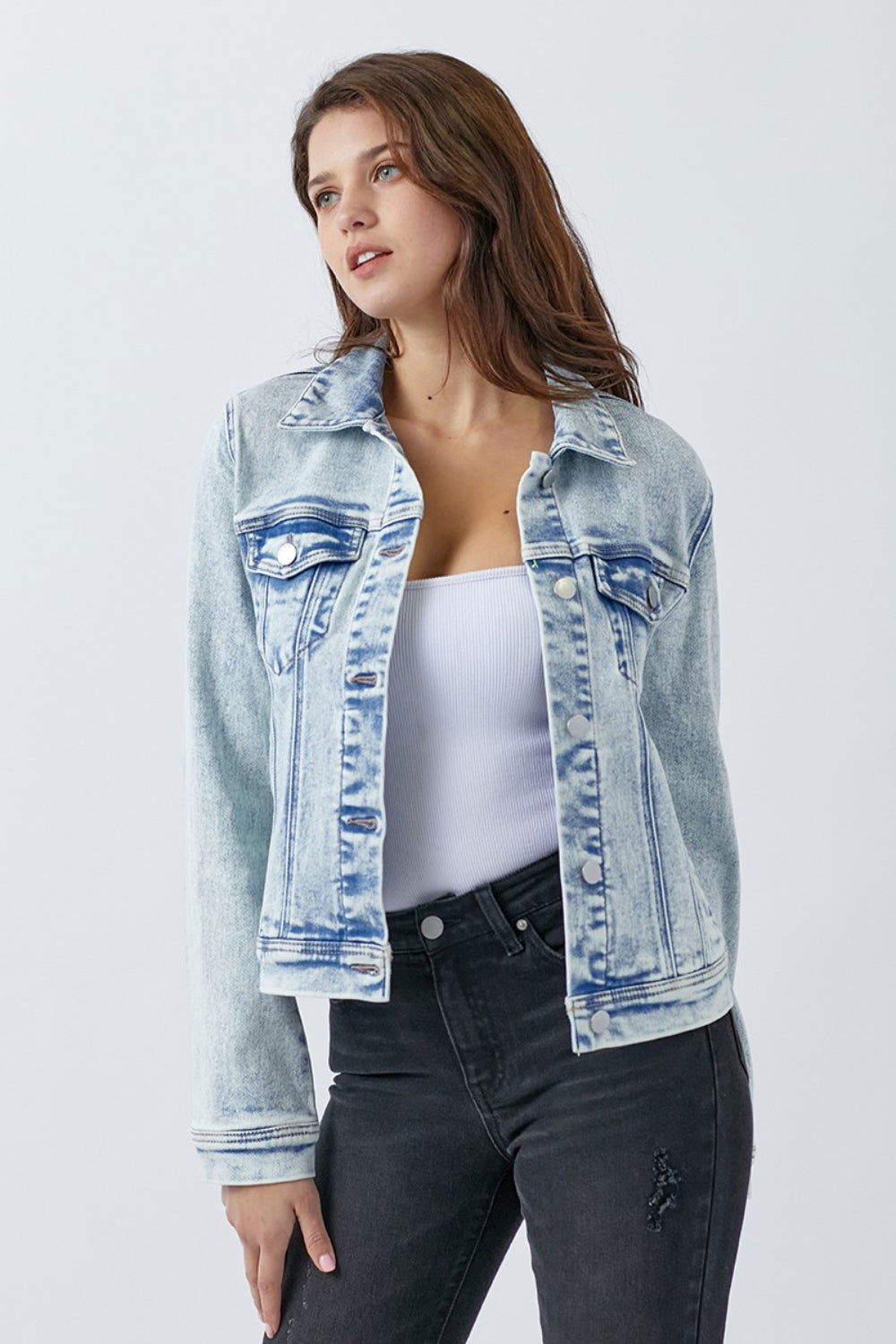 RISEN Button Up Washed Denim Jacket - Fashionqueene.com-RISEN Button Up Washed Denim Jacket