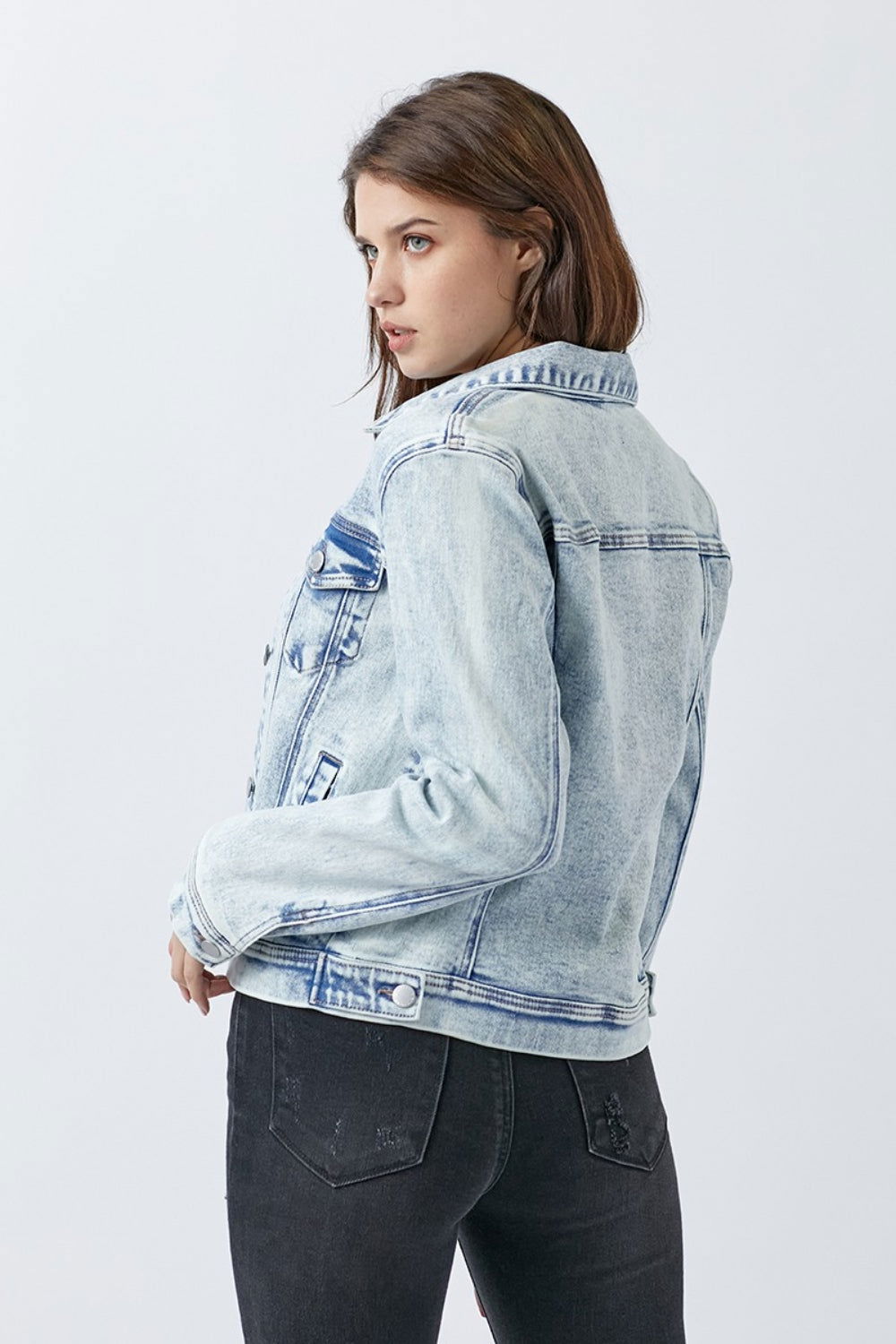 RISEN Button Up Washed Denim Jacket - Fashionqueene.com-RISEN Button Up Washed Denim Jacket