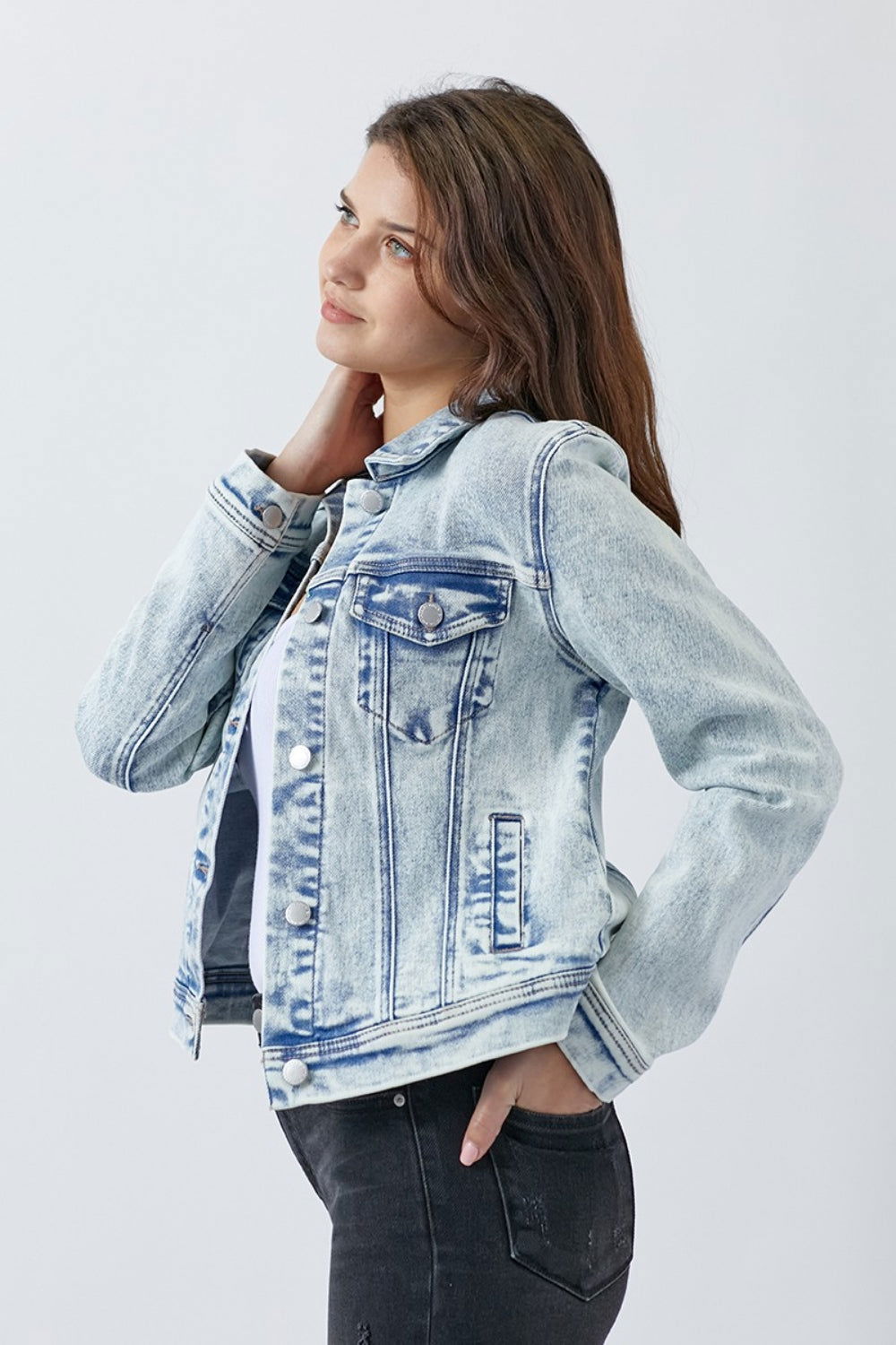 RISEN Button Up Washed Denim Jacket - Fashionqueene.com-RISEN Button Up Washed Denim Jacket