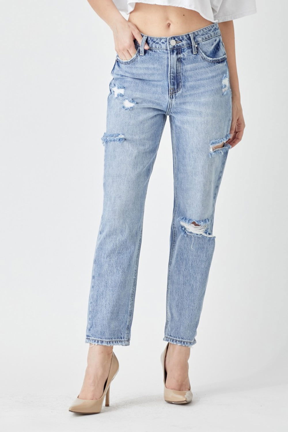 RISEN Distressed Slim Cropped Jeans - Fashionqueene.com-RISEN Distressed Slim Cropped Jeans