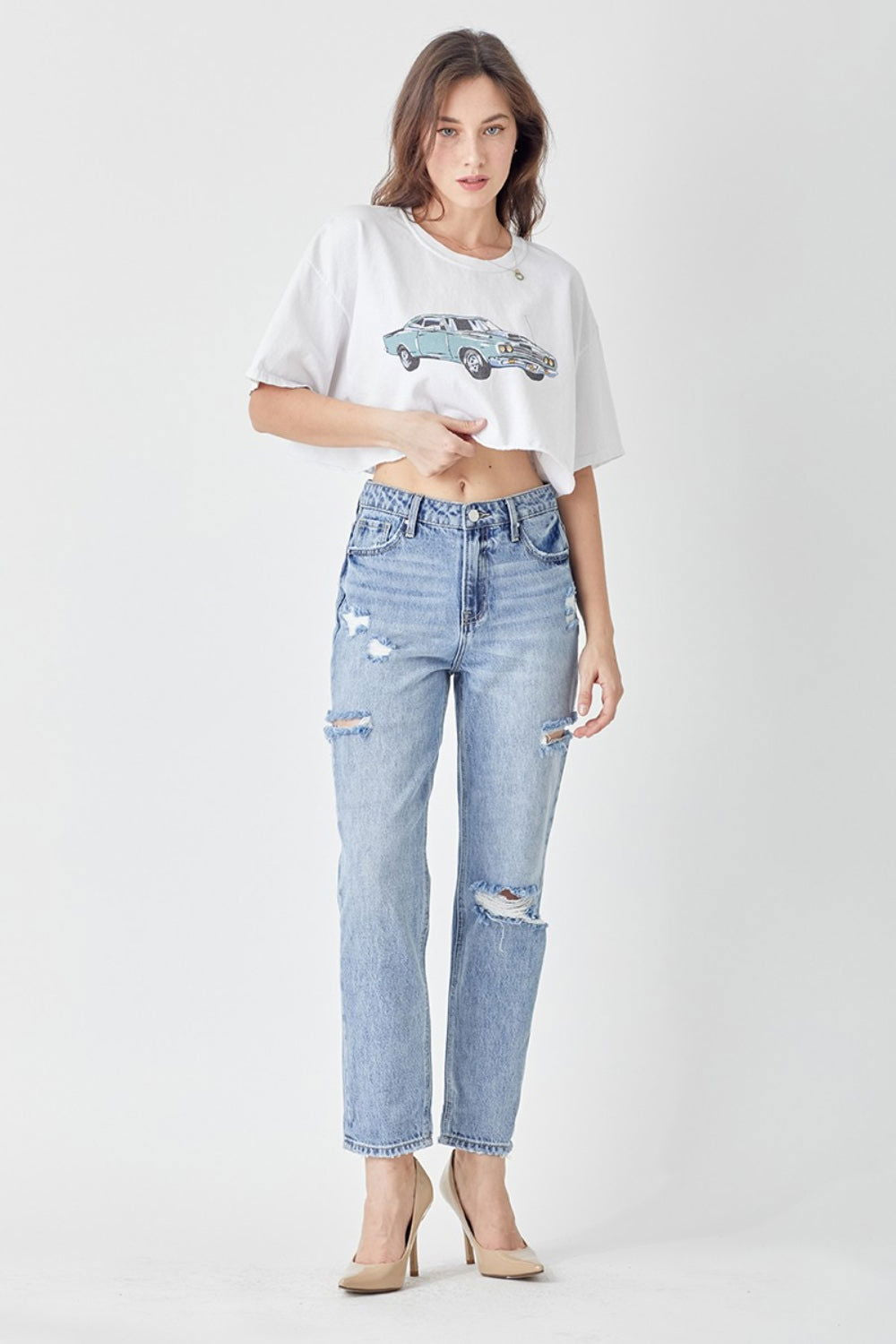 RISEN Distressed Slim Cropped Jeans - Fashionqueene.com-RISEN Distressed Slim Cropped Jeans