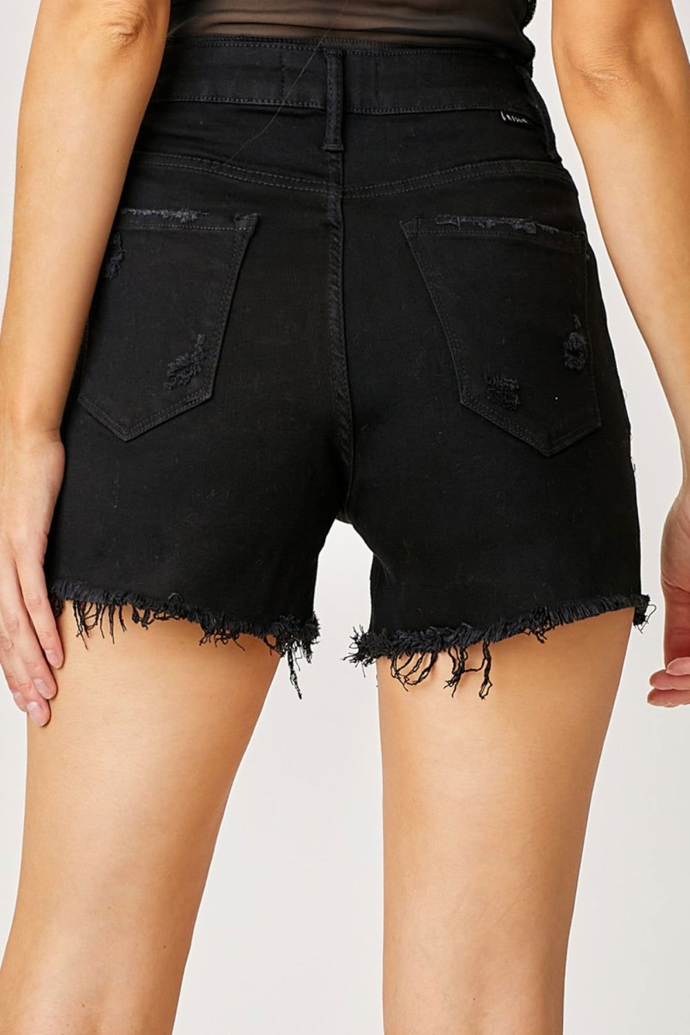 RISEN Frayed Hem Denim Shorts with Fringe Detail Pockets - Fashionqueene.com-RISEN Frayed Hem Denim Shorts with Fringe Detail Pockets