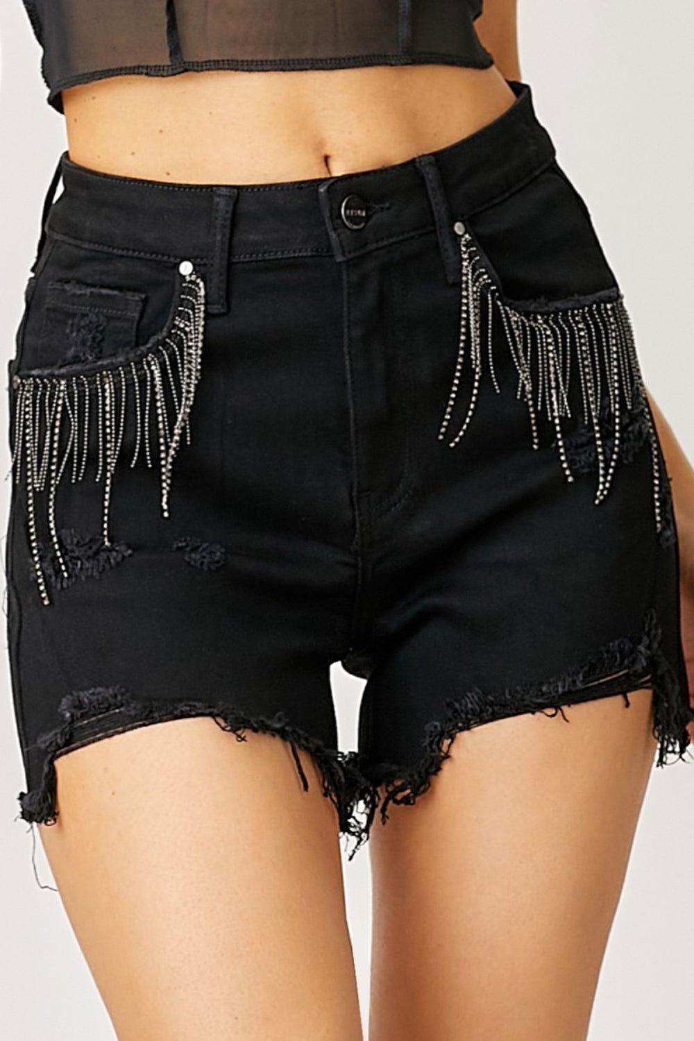 RISEN Frayed Hem Denim Shorts with Fringe Detail Pockets - Fashionqueene.com-RISEN Frayed Hem Denim Shorts with Fringe Detail Pockets