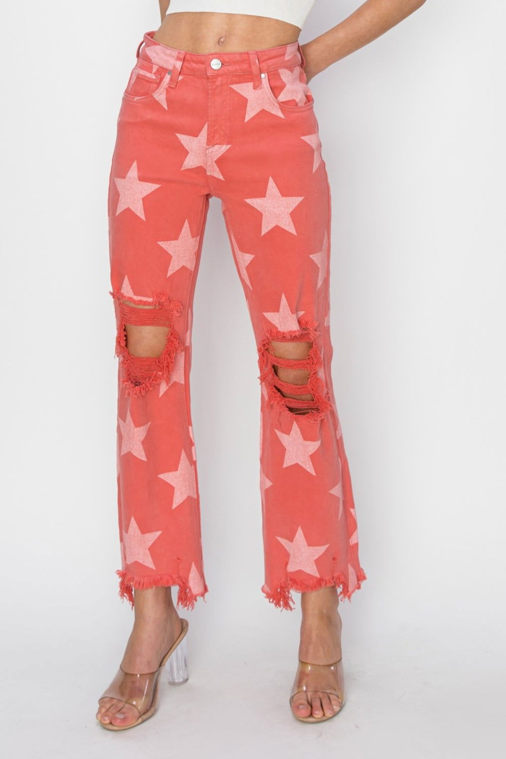 RISEN Full Size Distressed Raw Hem Star Pattern Jeans - Fashionqueene.com-RISEN Full Size Distressed Raw Hem Star Pattern Jeans