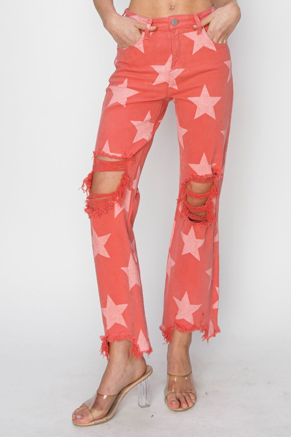 RISEN Full Size Distressed Raw Hem Star Pattern Jeans - Fashionqueene.com-RISEN Full Size Distressed Raw Hem Star Pattern Jeans