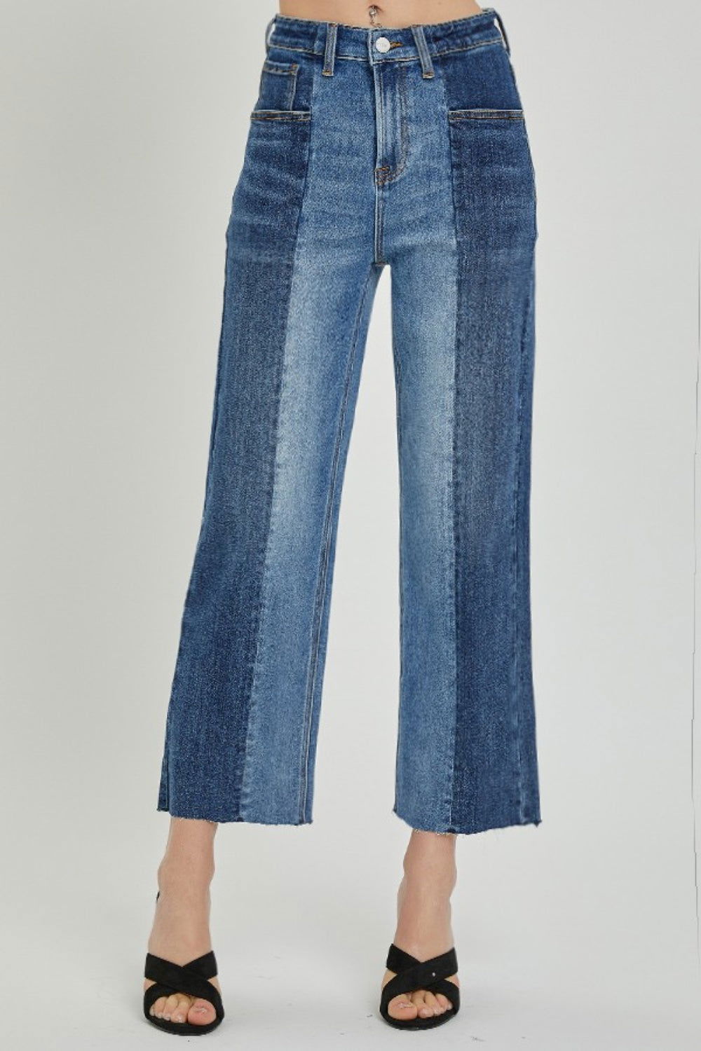 RISEN Full Size Mid-Rise Waist Two-Tones Jeans with Pockets - Fashionqueene.com-RISEN Full Size Mid-Rise Waist Two-Tones Jeans with Pockets