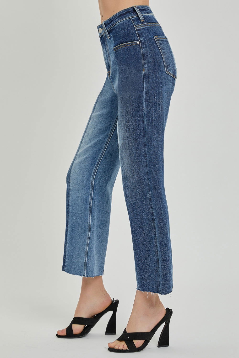 RISEN Full Size Mid-Rise Waist Two-Tones Jeans with Pockets - Fashionqueene.com-RISEN Full Size Mid-Rise Waist Two-Tones Jeans with Pockets