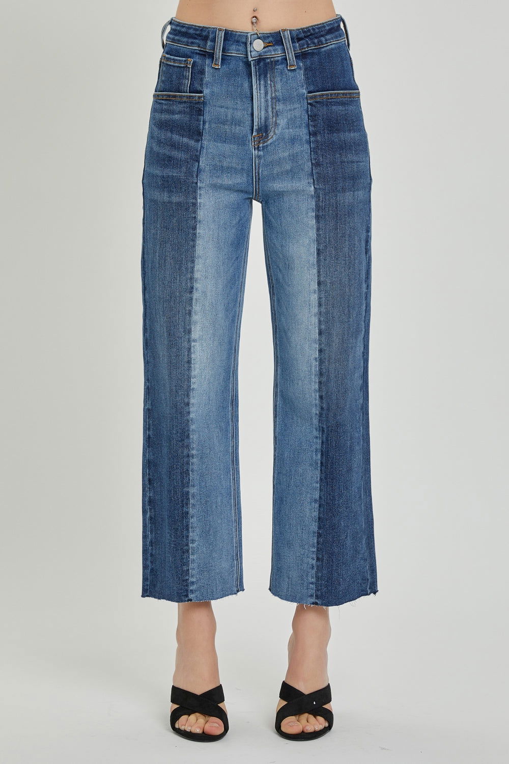 RISEN Full Size Mid-Rise Waist Two-Tones Jeans with Pockets - Fashionqueene.com-RISEN Full Size Mid-Rise Waist Two-Tones Jeans with Pockets