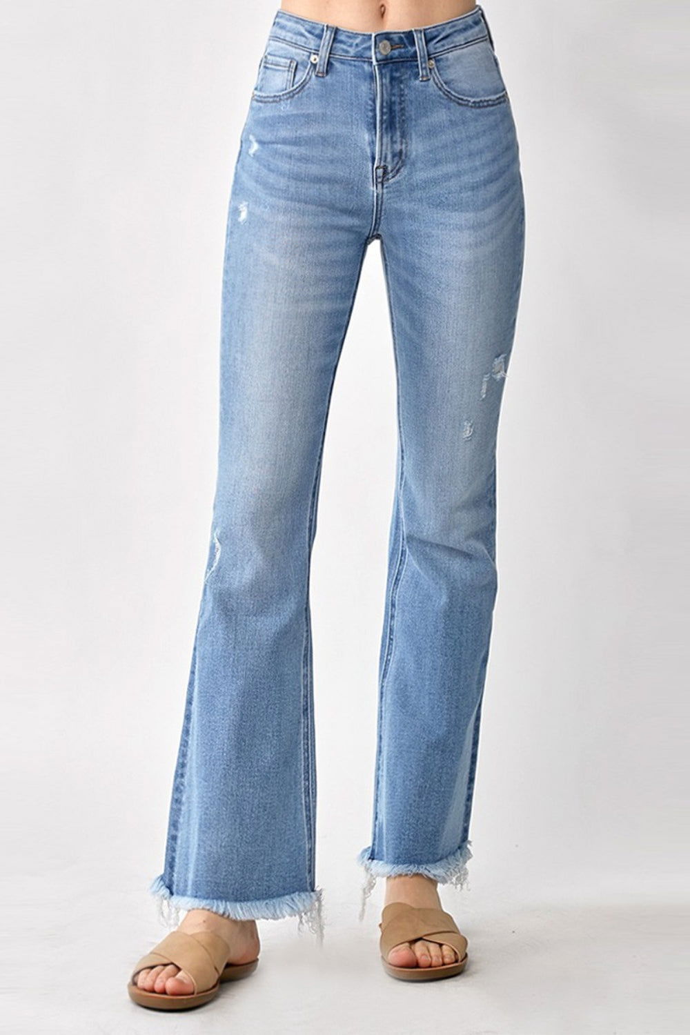 RISEN High Rise Frayed Hem Bootcut Jeans - Fashionqueene.com-RISEN High Rise Frayed Hem Bootcut Jeans