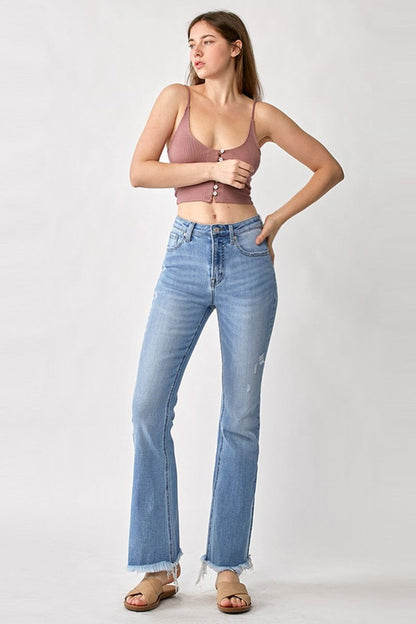 RISEN High Rise Frayed Hem Bootcut Jeans - Fashionqueene.com-RISEN High Rise Frayed Hem Bootcut Jeans