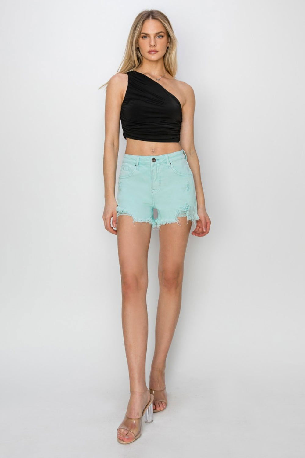 RISEN Mid Waist Frayed Hem Denim Shorts - Fashionqueene.com-RISEN Mid Waist Frayed Hem Denim Shorts