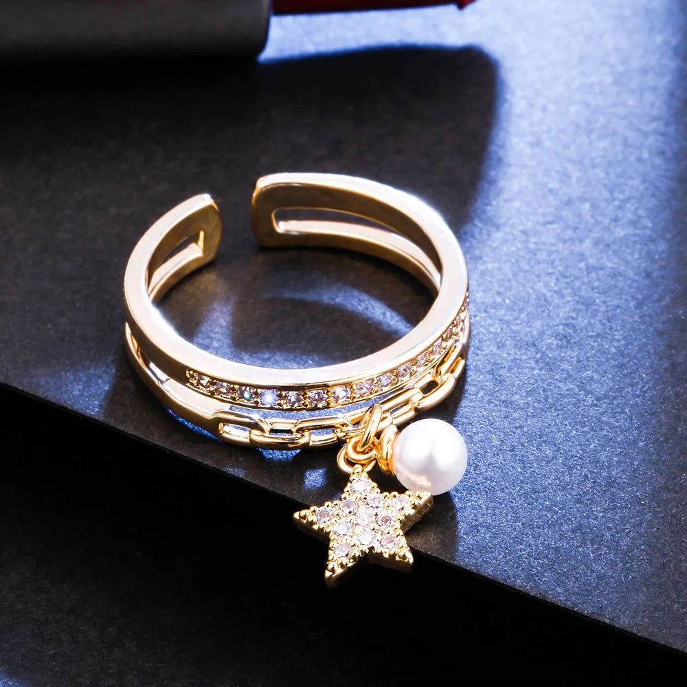 Resizable Pearl and Star Pendant Copper Rings For Women 2 Layer Zircon Female Open Finger Rings For Girlfriend Valentines Gift - Fashionqueene.com-star necklace