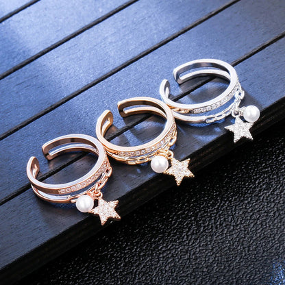 Resizable Pearl and Star Pendant Copper Rings For Women 2 Layer Zircon Female Open Finger Rings For Girlfriend Valentines Gift - Fashionqueene.com-star necklace