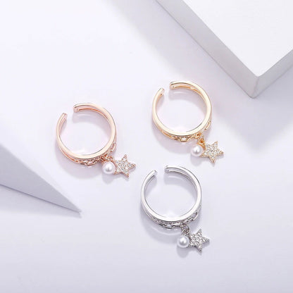 Resizable Pearl and Star Pendant Copper Rings For Women 2 Layer Zircon Female Open Finger Rings For Girlfriend Valentines Gift - Fashionqueene.com-star necklace