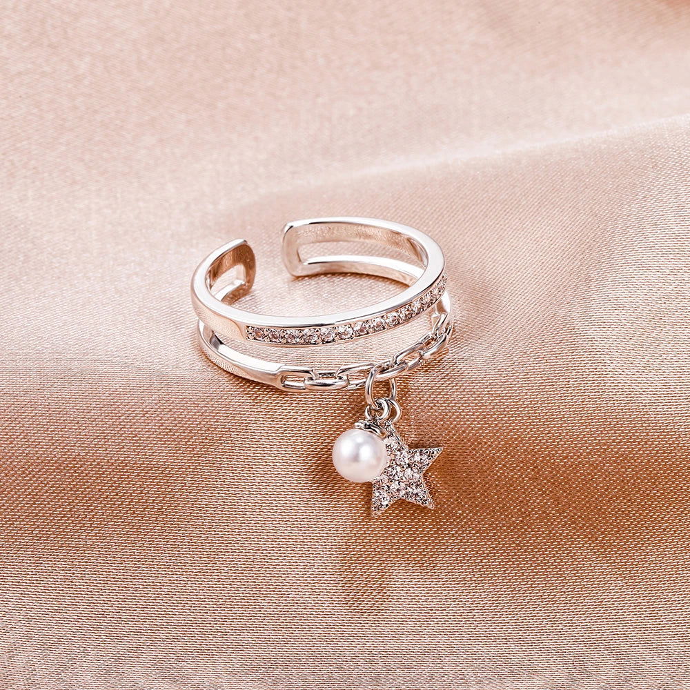 Resizable Pearl and Star Pendant Copper Rings For Women 2 Layer Zircon Female Open Finger Rings For Girlfriend Valentines Gift - Fashionqueene.com-star necklace