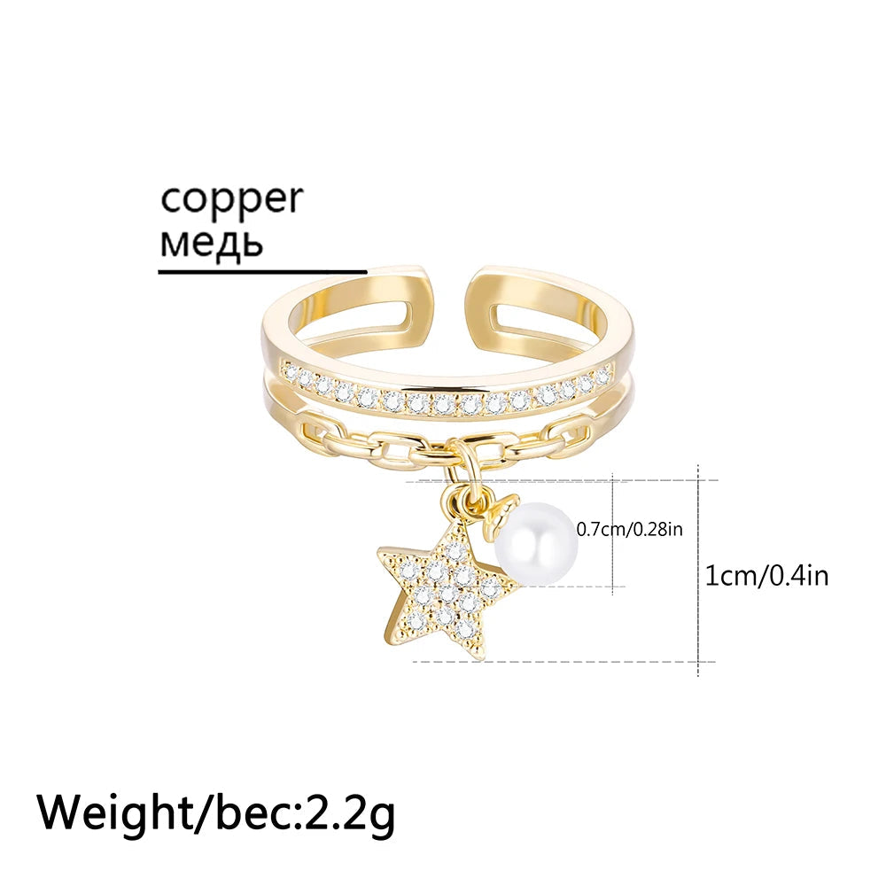 Resizable Pearl and Star Pendant Copper Rings For Women 2 Layer Zircon Female Open Finger Rings For Girlfriend Valentines Gift - Fashionqueene.com-star necklace