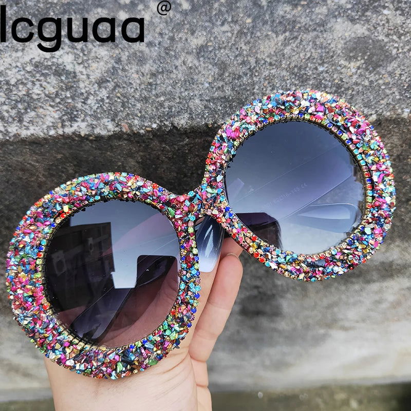 Rhinestone Sunglasses Women 2022 Designer Steampunk Oversized Round Female Sunglasses Music Festival Oculos De Sol Feminino - Fashionqueene.com-rhinestone sunglasses