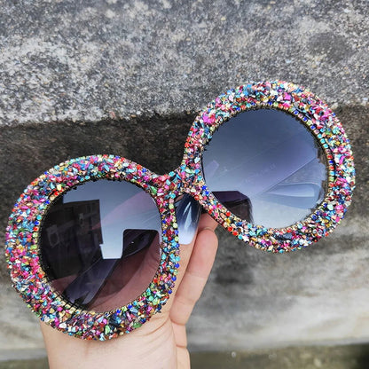 Rhinestone Sunglasses Women 2022 Designer Steampunk Oversized Round Female Sunglasses Music Festival Oculos De Sol Feminino - Fashionqueene.com-rhinestone sunglasses