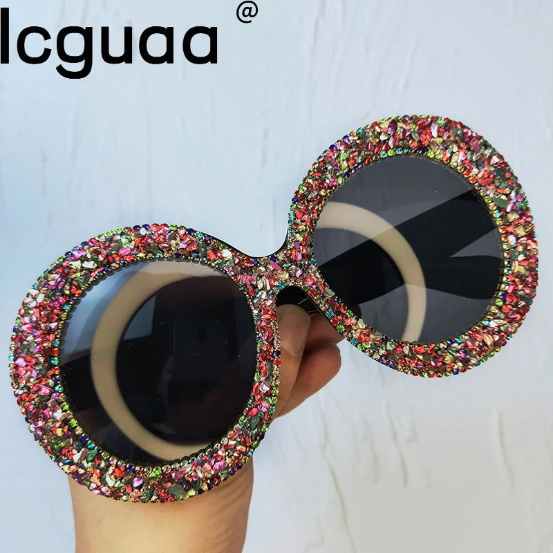 Rhinestone Sunglasses Women 2022 Designer Steampunk Oversized Round Female Sunglasses Music Festival Oculos De Sol Feminino - Fashionqueene.com-rhinestone sunglasses