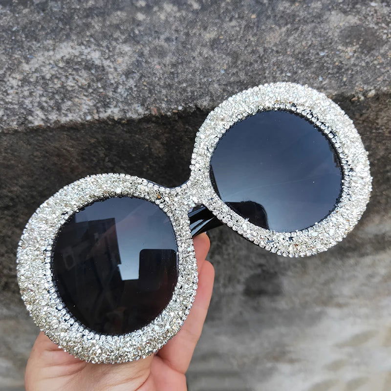 Rhinestone Sunglasses Women 2022 Designer Steampunk Oversized Round Female Sunglasses Music Festival Oculos De Sol Feminino - Fashionqueene.com-rhinestone sunglasses