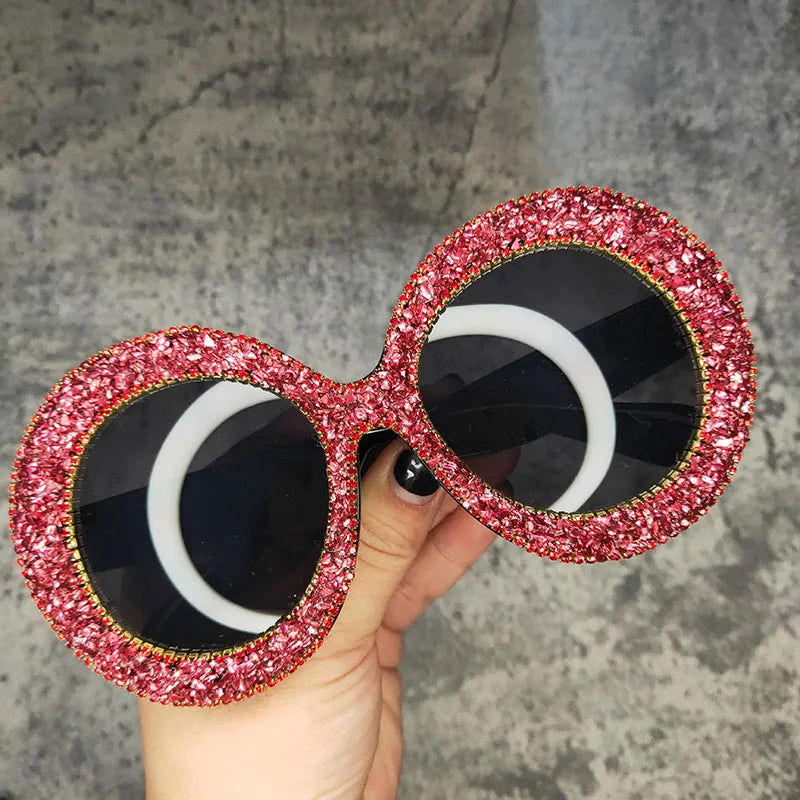 Rhinestone Sunglasses Women 2022 Designer Steampunk Oversized Round Female Sunglasses Music Festival Oculos De Sol Feminino - Fashionqueene.com-rhinestone sunglasses