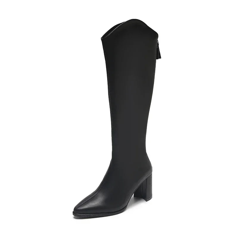 Zipper Thick High Heels Simple Thick High Heels Autumn Winter Boots Knee High