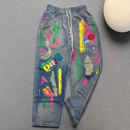 Sequin Letter Elastic Waist Jeans High Waist Denim Graffiti Print Harem Pants as photo / M as photo / L as photo / XL as photo / M-as photo / L-as photo / XL-