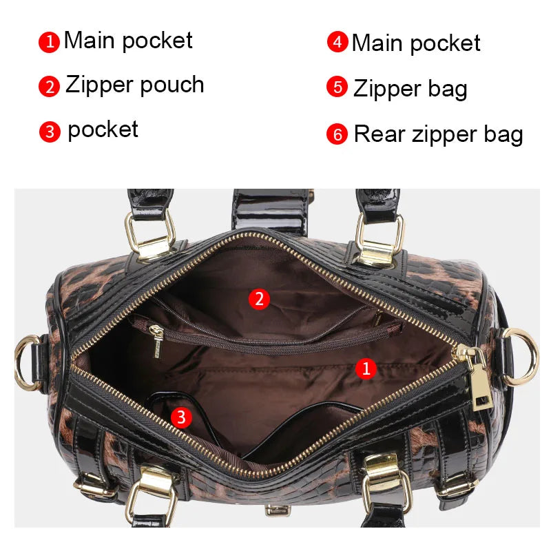 Leopard Handbag Leather Women's Bag Large Capacity Boston Bag Fashion Versatile Cowhide One Shoulder Crossbody Bag