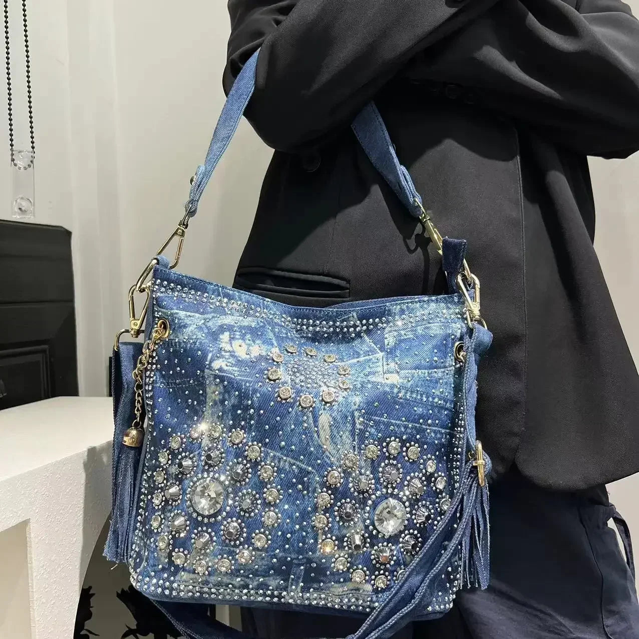 Gradient Diamond Elegant Shoulder Bag Large Capacity Diamond Denim Handbag