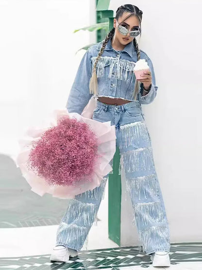 Sparkling Fringes Embellished Wide Leg Jeans Women Trendy Silver Tassel Denim Pants