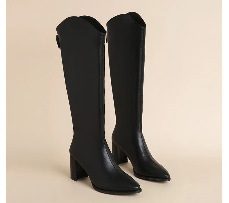 Zipper Thick High Heels Simple Thick High Heels Autumn Winter Boots Knee High