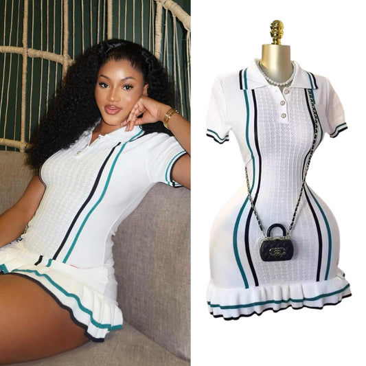 Knitted Mini Dress Turn-down Collar Ruffled Party Dress Streetrwear