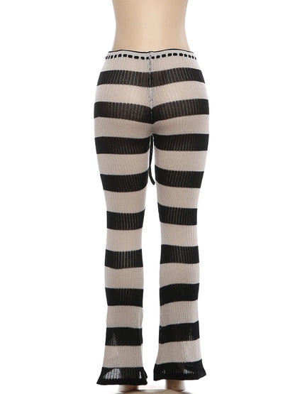 Kliou Stripe Patchwork Long Pants Woman Autumn Trend Crochet Shirring Elastic High Waist Skinny Peach Hip Street Style Bottoms