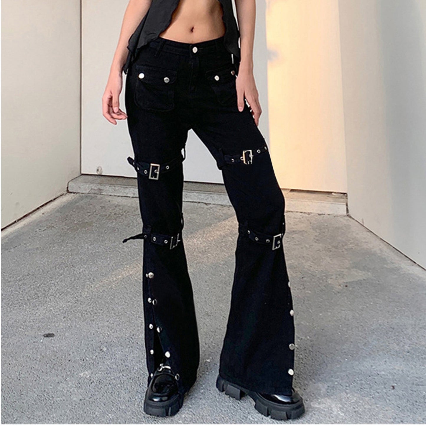 Gothic Metal Button Bandage Trousers Wide Straight Leg Black Punk Cargo Jean Baggy Pants