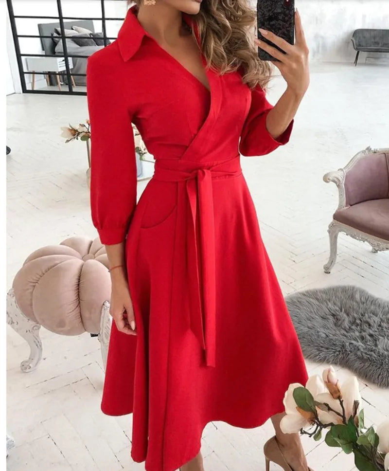 A-Line Wrap Summer Dress Long Sleeve V-Neck Dress Pocket Elegant Midi Party Dress